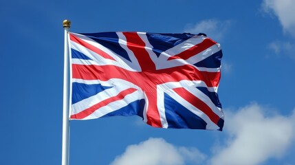 Majestic union jack flag soaring high in a brilliant blue sky, symbol of british pride and heritage