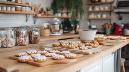 Naklejka premium A cozy kitchen counter filled with decorated cookies, baking supplies, and glass jars, creating a warm, inviting baking atmosphere.