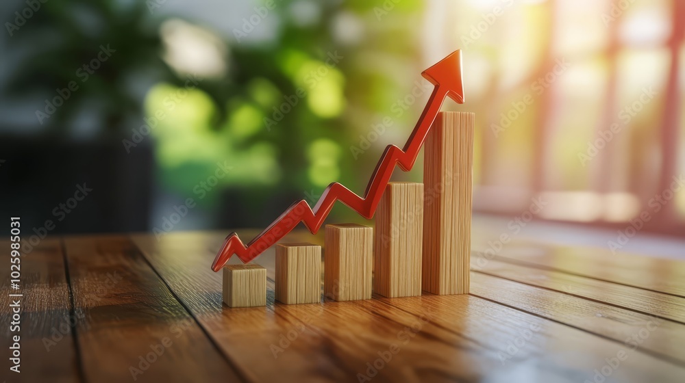 Poster red arrow pointing upward on wooden block, a visual representation of growth and progress