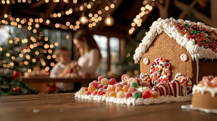 A cozy holiday scene featuring a decorated gingerbread house with colorful sweets, illuminated by warm lights, as a family engages in festive activities.
