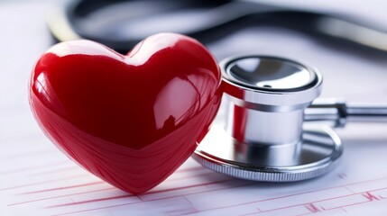 Medical concept, red stethoscope placed on a heart, symbolizing cardiology and healthcare