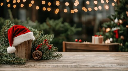 Obraz premium A festive scene featuring a decorated wooden table with a Santa hat, pine branches, pinecones, and blurred Christmas lights in the background.