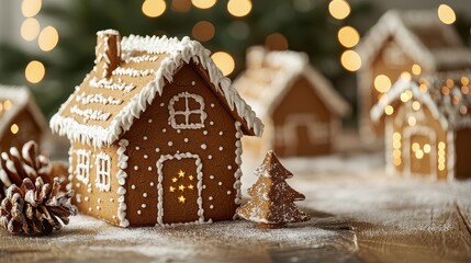 A festive gingerbread house with icing and candy details, beautifully decorated, set against a cozy, blurred background of holiday lights.
