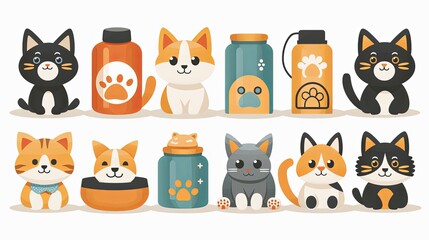3d cute dog and cat, feed pet bowl and metal can, massage ball vector icon set, cartoon pet toys, accessories and food