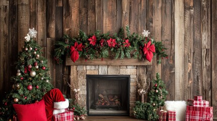 A cozy Christmas scene featuring a decorated tree, festive stockings, wrapped gifts, and a fireplace adorned with greenery and red accents.
