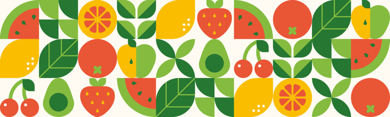 Abstract geometric background. Set of icons in simple flat style. Seamless pattern.Fresh organic food.Fruits, leaves and berries. Watermelon, cherry, strawberry and orange slices.Vector illustration.