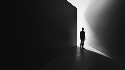 A person experiencing depression in a dark, minimalistic room, looking down, conveying sadness and isolation