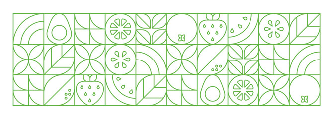 Abstract geometric linear background.Fresh organic food.Fruits, leaves and berries. Watermelon, avocado, strawberry and orange slices.Vector monochrome illustration.Set of icons in simple flat style.