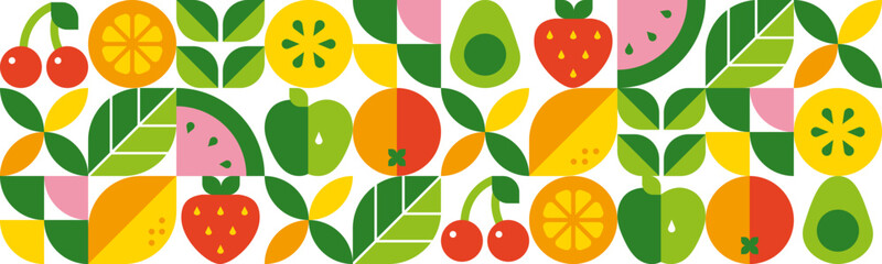Abstract geometric background. Set of icons in simple flat style. Seamless pattern.Fresh organic food.Fruits, leaves and berries. Watermelon, cherry, strawberry and orange slices.Vector illustration.