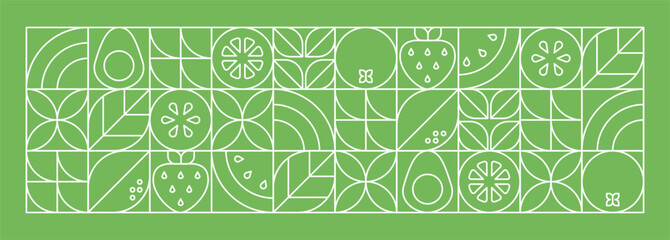 Abstract geometric linear background.Fresh organic food.Fruits, leaves and berries. Watermelon, avocado, strawberry and orange slices.Vector monochrome illustration.Set of icons in simple flat style.