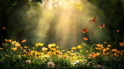 Obraz premium A serene scene of bright flowers and butterflies, illuminated by soft sunlight filtering through trees, creating a magical, natural ambiance.