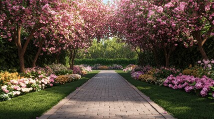 A picturesque pathway lined with blooming pink trees and vibrant flowers, inviting tranquility and beauty in a serene garden setting.