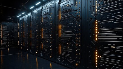 A dark server room lined with illuminated circuit panels, showcasing advanced technology and organized connections for data processing.
