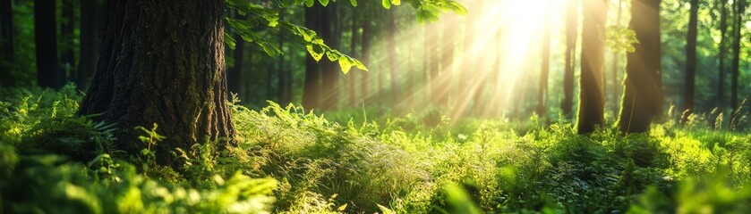 Fototapeta premium Enchanting sunlight illuminates a verdant forest canopy, creating captivating display of nature's beauty
