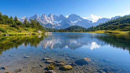 Fototapeta premium A tranquil mountain landscape showcasing a clear blue lake reflecting majestic peaks under a bright sky, surrounded by lush greenery and rocky shores.