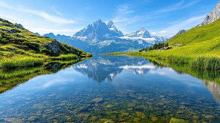 A serene landscape featuring majestic mountains reflected in a clear lake, surrounded by lush greenery under a bright blue sky.