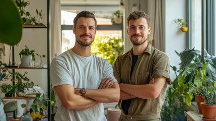 Fototapeta premium Stylish LGBTQ couple posing confidently inside their home with short hair