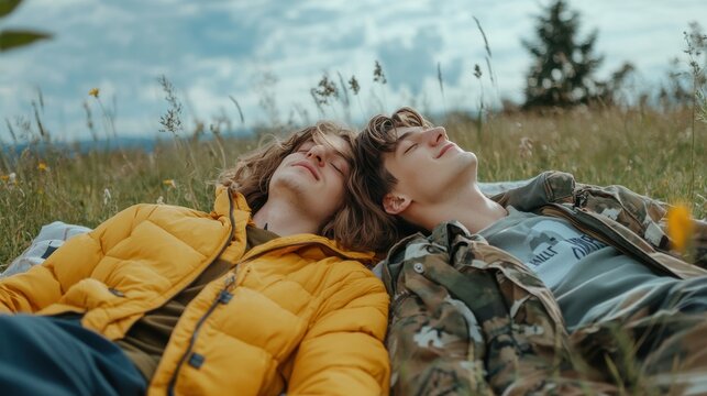 Young gay couple napping on a grassy embankment in cozy autumn clothes
