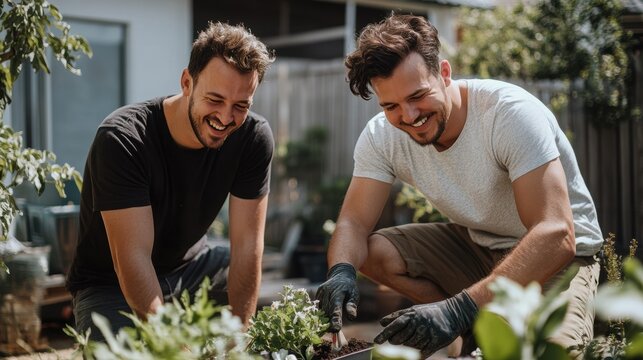 LGBTQ couple enjoying vegetable gardening at home in a sunny backyard