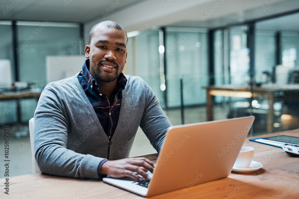 Poster business man, laptop and portrait with working in office on tech for web post planning and seo updat