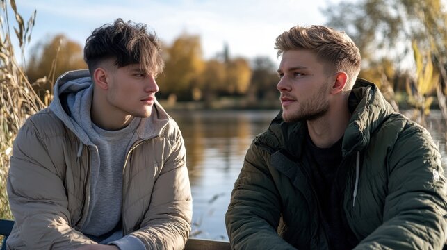 Handsome gay couple having a serious conversation by a quiet autumn lake