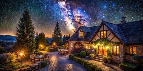 Fototapeta premium Night Photography of Cozy Stock House with Warm Lights and Starry Sky