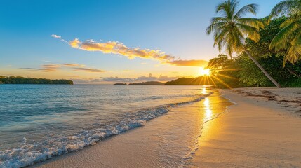 A serene beach at sunset, featuring golden sands, lush palm trees, and gentle waves under a vibrant sky.