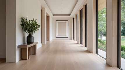 Obraz premium A serene corridor featuring large windows, natural light, wooden flooring, minimalist decor, and a touch of greenery in a modern architectural style.
