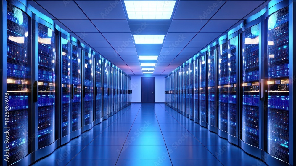 Aufkleber a long corridor in a data center with rows of servers