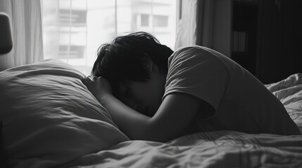 Depression and fatigue, a person struggling to get out of bed, showing exhaustion and mental burden