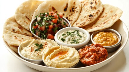 Middle Eastern Meze Platter with Hummus, Baba Ghanoush, and Pita Bread.