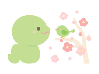 巳年の年賀状素材、かわいいヘビとウグイスと梅のベクターイラスト