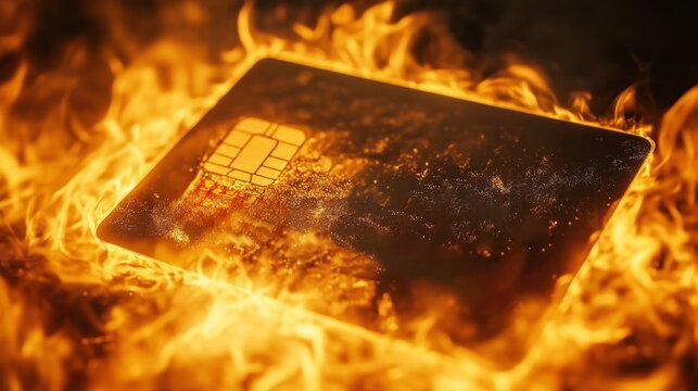 Credit card burning in flames as a metaphor for financial problems