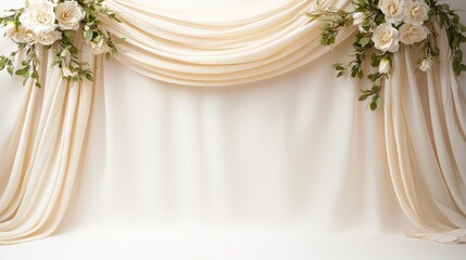 Elegant draped fabric backdrop adorned with white roses, ideal for weddings or special events, creating a romantic atmosphere.