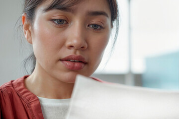 Obraz premium Face of unhappy dissatisfied Asian woman reading bad news in letter, frustrated businesswoman or student holding paper, received unexpected bank debt notification