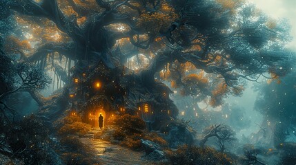 Obraz premium Enchanted Forest Tree House with Glowing Lights