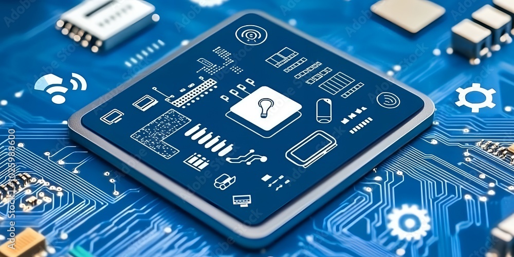 Poster a close-up of a circuit board with a microchip with smart home icons.