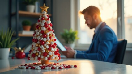 A festive decorative Christmas tree in a doctor's office decorated with pills and capsules against a sunlit office backdrop