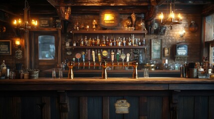 A detailed shot of a saloon bar interior with an authentic western vibe, featuring a rugged wooden counter, brass beer taps, and hanging chandeliers, with ample copy space at the top of the image