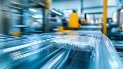 Conveyor Belt With Plastic Wrap Moving Fast.