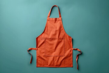 Orange apron on teal background ready for cooking in a home kitchen