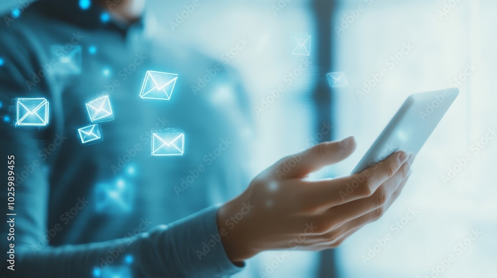 Poster seamless email access, tablet displaying flow of digital correspondence icons for modern communicati