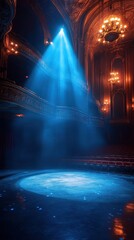 Theater stage illuminated by dramatic blue lighting during a performance at night