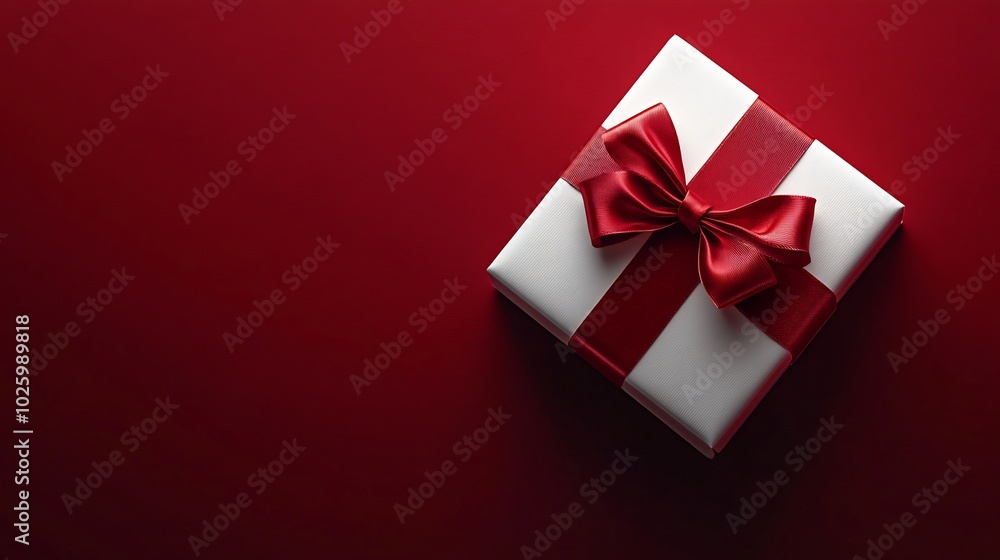 Poster elegant white gift box a red ribbon bow viewed from above set against a dark red background with sub