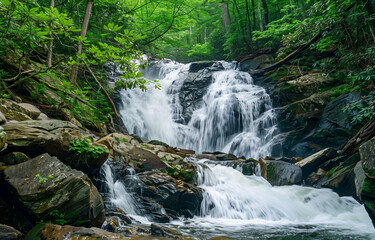 Obraz premium Majestic waterfall cascading through lush green forest landscape