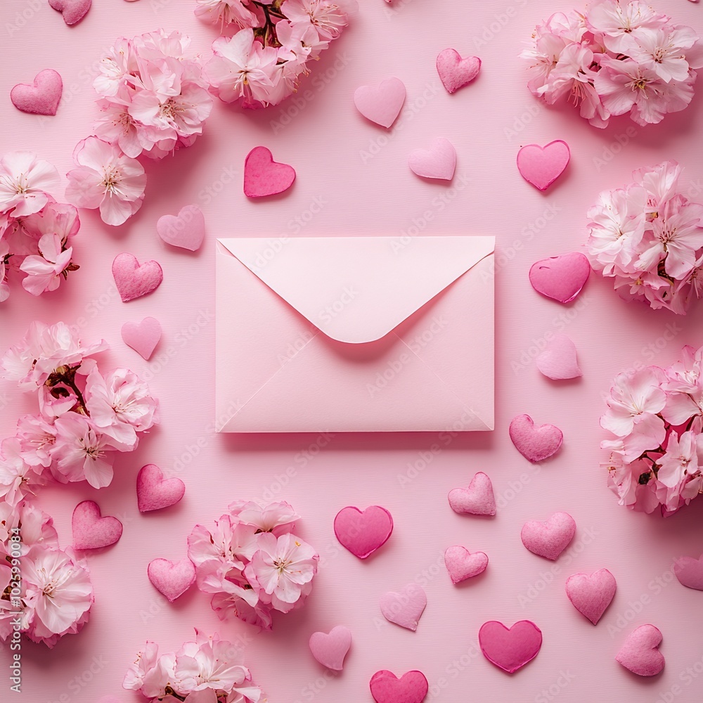 Aufkleber pastel pink background pink flowers hearts and an envelope creating a valentines day concept with fl