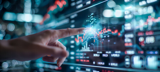 Hand interacting with financial charts on futuristic digital screen
