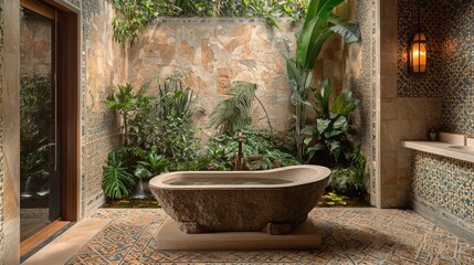 A lavish bathroom with a fusion of Thai and contemporary elements