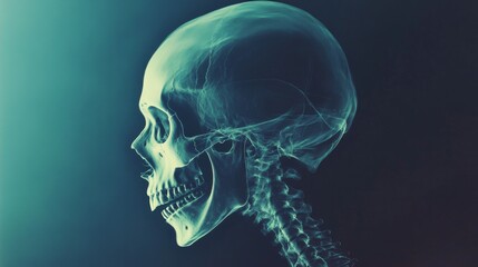 A semi-transparent, ghostly, blue tinted human skull in profile.