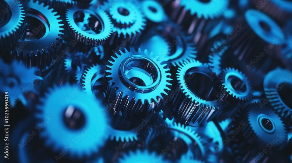 Poster close-up of interlocking metallic gears with a blue hue